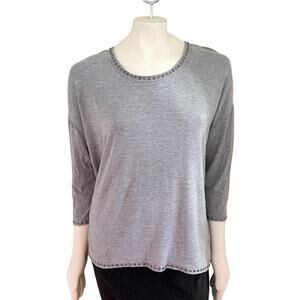 GRACE Jersey Knit Hi Low Shirt with Studded trim in Heather Gray SZ L